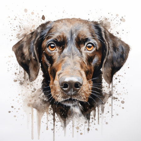 a realistic hyper-detailed portrait of a dog on a white background, featuring water blots around it. this stunning artwork, created by contest winner jesper ejsing, showcases a dark navy and brown color palette. the watercolor technique used brings out the intricate details of the dog's features. this large canvas painting is perfect for those who appreciate high-quality art in 32k uhd resolution. ai generatedの素材