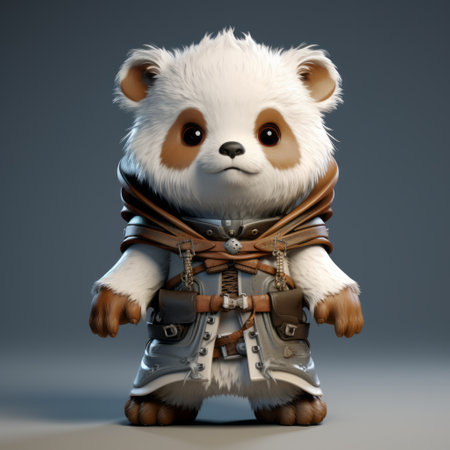 a cute cartoon character dressed in armor and wearing white clothing is depicted in this hyper-realistic animal illustration. the character's design combines elements of cute cartoonish aesthetics with traditional chinese influences. the artwork is created using unreal engine 5 and features a forestpunk theme. the character's toy-like proportions add to its charm. ai generatedの素材