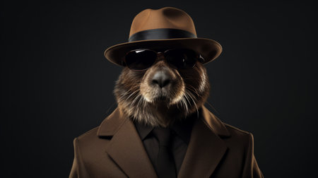 a bear wearing a jacket, glasses, and sunglasses poses for a photographically detailed portrait. this unique style of portraiture draws inspiration from artists such as raphael lacoste, joseph beuys, and bunnycore. the bear's low-resolution image adds a touch of nostalgia, while its brown fur appears smooth and shiny. ai generatedの素材