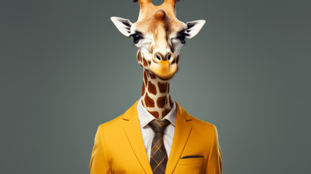 a cartoon giraffe stands out in a yellow suit and tie, resembling surreal fashion photography. this hyper-realistic portrait showcases innovative techniques and a minimalistic approach. the uhd image captures the giraffe's strong facial expression, blending photo-realistic techniques with a touch of whimsy. ai generatedの素材