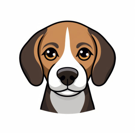 a beagle dog logo and icon featuring a caricature-style face with dark, white, and brown colors. the emphasis is on the facial expression, with a frontal perspective and minimalistic portraits. the photo has a matte finish, creating an eye-catching composition. ai generatedの素材