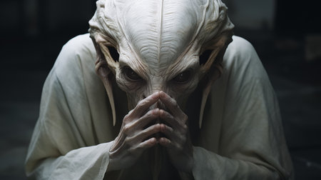 a cream old creature in shock, with hands on top of its head, is depicted in this hyper-realistic sci-fi style photo by alessio albi. the image features white text and minimal retouching, creating a grainy and tenebrous atmosphere. the bold and dynamic lines, reminiscent of bryce 3d, add to the overall impact of the composition. andrew ferez's influence can also be seen in this strikingの素材