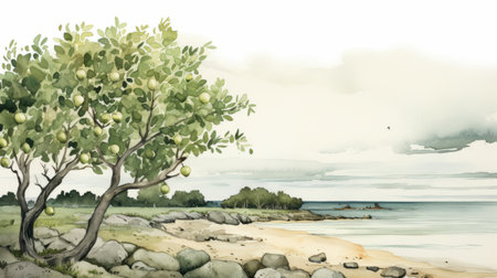a watercolor illustration of saipa falls in fiji, showcasing desolate landscapes and the beauty of the sea and coast. the artwork is done in a style reminiscent of a painter specializing in light green and gray tones, with elements of lush baroque still lifes. this high-resolution image by win aaltonen is perfect for editorial illustrations. ai generatedの素材