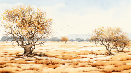 three trees stand tall on a dry field, accompanied by a majestic mountain backdrop. this stunning image captures the essence of realistic watercolor paintings, with its soft and airy composition. the 8k resolution showcases every intricate detail, while the beige and amber tones add a touch of warmth. the mughal painting influence is evident, as well as the inclusion of realistic bird paintings. additionally, theの素材