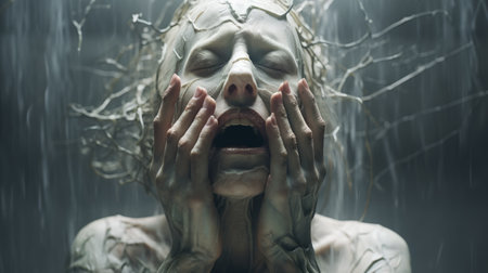 the photo features a hyper-realistic sci-fi style image created by alessio albi and bryce 3d. the white text overlays a shocking scene of an olive old creature with hands on top of its head, displaying intense emotion. the image has minimal retouching, a grainy texture, and bold, dynamic lines, giving it a tenebrous atmosphere. andrew ferez's artistic touch is evident in this captivating composition. aiの素材