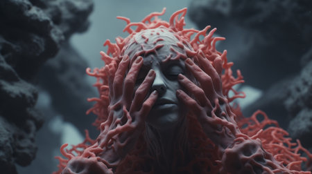 a photo featuring a coral old creature in shock, with hands on top of its head. the image is in the style of hyper-realistic sci-fi, created by alessio albi using bryce 3d software. the photo has minimal retouching, giving it a grainy and tenebrous appearance. the bold and dynamic lines add to the overall impact of the image. created by andrew ferez. ai generatedの素材