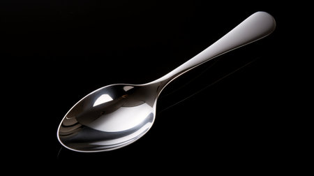 a silver spoon rests on a sleek black surface, showcasing its glassy translucence. the photo captures the essence of hallyu with its graceful lines and matte finish. the high detail of the image highlights the sterling silver highlights, creating an exuberant visual appeal. ai generatedの素材