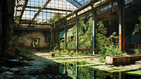 abandoned workshop with pool, butterfly, skylight, and windows resembling a greenhouse. side view reveals cracked retaining wall. ai generatedの素材