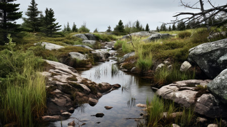 a stream meanders through the rugged terrain, creating a serene pastoral scene. the light maroon and gray tones add a touch of tranquility to the misty atmosphere. the reflections and mirroring in the water enhance the natural beauty of this wilderness setting. shot on fujifilm pro 400h, this photo captures the essence of naturecore. ai generatedの素材