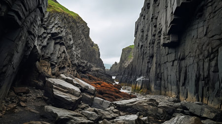 water flowing through rocky canyon, captured with the majestic steinheil quinon 55mm f/1.9 lens. this 32k uhd photograph showcases the lively coastal landscape, with burned and charred rocks forming piles and stacks. the scene is adorned with hints of light red and green, reminiscent of sweeping seascapes. ai generatedの素材