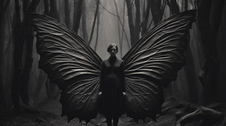 an elegant witch with huge black wings lies in a dark forest in this black and white photo. the graphic and symmetrical style, layered imagery, and subtle irony create a captivating composition. the realistic sculptures, made of insects, add a touch of dark beauty to the foreboding colors. the photo is moody, atmospheric, and truly mesmerizing. ai generatedの素材