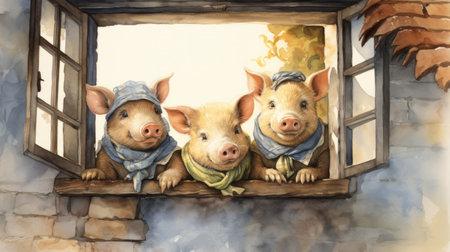 three pigs painted on a window sill in the style of watercolor illustrations. this uhd image showcases traditional costumes and captures the essence of wimmelbilder. the realist detail brings the steampunk creatures to life, reminiscent of children's book illustrations. ai generatedの素材