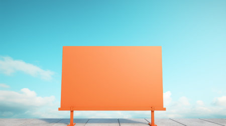 an orange sign, placed on the ground, stands out against the vibrant blue sky. this photo showcases the artistic style of vray tracing, with textured backgrounds and translucent colors. the monochromatic color scheme and screen format enhance the visual impact. the combination of pink and orange creates a striking contrast, while the realistic usage of light and color adds depth to the image. ai generatedの素材