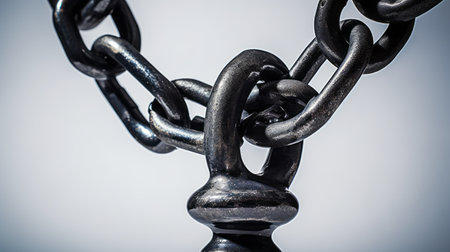 a metal chain featuring a large blue moon pendant, showcasing restrained forms and a dark gray color. the focus is on the joints and connections, inspired by ndebele art and industrial and product design. the chain has a glossy finish and is adorned with twisted characters. ai generatedの素材