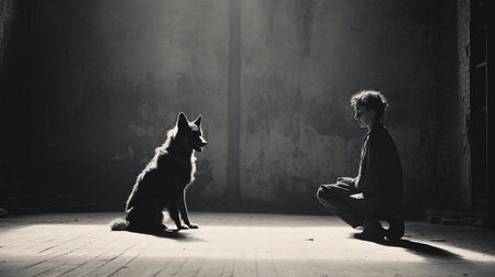 a man with a dog in the dark, kneeling in front of an old house. this monochromatic minimalist portrait captures a play of light and shadow, with influences from zen buddhism. the epic portraiture style by david showcases a performance-oriented approach, effectively depicting trapped emotions. ai generatedの素材