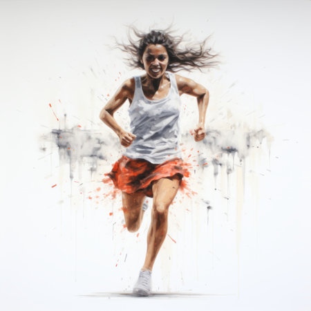 a white running woman is captured in this photo, adorned with vibrant green splatter paint reminiscent of mark lague's style. the composition features a combination of light red and dark orange hues, reminiscent of jonathan wolstenholme's work. the image exudes a sense of speed and motion, similar to ingrid baars' hyperrealistic precision. the juxtapositions in this photo are extraordinary. ai generatedの素材