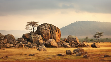 large, yellow rocks and mountains dominate the african-influenced landscape captured in this high-quality national geographic photo. the serene pastoral scenes showcase the breathtaking beauty of nature, transporting viewers to a world of tranquility and awe. ai generatedの素材