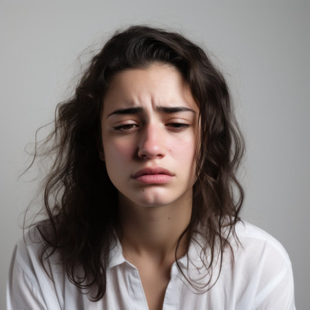 the young woman in this photo appears worried and sad, captured in a deconstructive style with a color palette of light gray and light amber. the image evokes elements of dullcore and drugcore aesthetics, reminiscent of the works of artists such as sherry akrami, harvey stein, and omri koresh. ai generatedの素材