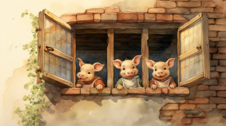 pigs on the ledge, sitting on a window, depicted in a style reminiscent of children's book illustrations. these medieval-inspired, realistic watercolor paintings capture the essence of the scene. the uhd image showcases the bold and manga-inspired characters, paying homage to the works of theophile steinlen and adrianus eversen. ai generatedの素材
