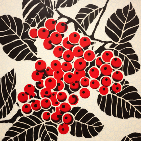 red berries on a white background create a striking wallpaper design reminiscent of woodcut and linocut styles. this referential painting showcases bold chromaticity, drawing inspiration from black paintings, contax ii cameras, soviet pop art, and edo-period japan. ai generatedの素材