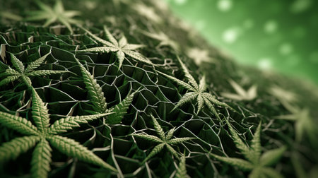 cannabis leaves, featuring a vibrant green and colorful background, are captured in this net art-inspired photograph. the image showcases elements of textural surrealism and selective focus, reminiscent of the artistic styles of daz3d and jean nouvel. with intricately detailed features, the photo exudes a unique aesthetic reminiscent of the farm security administration era. ai generatedの素材