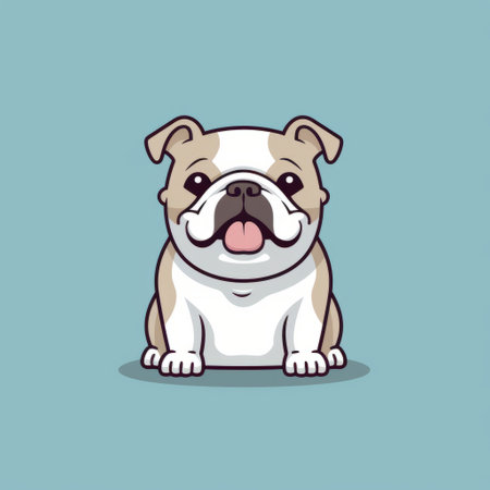 a cute, flat-style bulldog puppy is depicted in this cartoon portrait. the simplified and stylized design showcases minimal retouching, with a color palette of light teal, light maroon, light blue, and white. the image is in 32k uhd resolution, capturing the lively facial expressions of the adorable pup. this artwork was the winner of a contest. ai generatedの素材