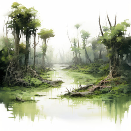art print of a watercolor by tinio mechas, featuring a mysterious jungle with stunning reflections. the style resembles cryengine, showcasing xbox 360 graphics. the isolated landscapes and sparse backgrounds create a captivating atmosphere. the artwork also incorporates the concept of kintsukuroi, adding a touch of beauty to imperfections. ai generatedの素材