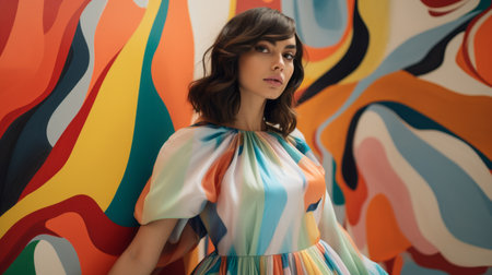 kirsten dalgliesh donning a vibrant sateen dress, showcasing a portrait-style photograph with gentle lighting and artistic elements like wavy, airbrushed effects. the image captures the essence of hurufiyya, mid-century aesthetics, and fluid color combinations, highlighting the exquisite attention to detail in the clothing. ai generatedの素材