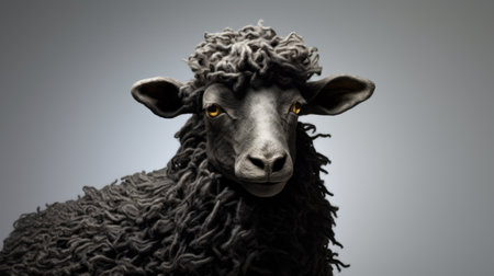 a black sheep with a messy cloak stands out against a vibrant and colorful background. this hyperrealistic sculpture captures the intricate details of the sheep's appearance. the dark gray and indigo tones create a moody atmosphere, while the soft-focus adds a touch of mystery. this portrait, taken with a rodenstock imagon 300mm f58 lens, showcases the twisted and unique character of the subject. inspired byの素材