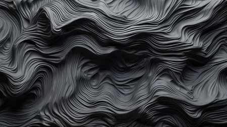a black wavy sculpture, rendered in cinema4d, serves as a captivating background for a wall. this earthy and organic piece showcases layered textural surfaces, detailed imagery, and flowing fabrics. with its muted tones and organic forms, this sculpture exudes a sense of layered gestures and artistic beauty. ai generatedの素材
