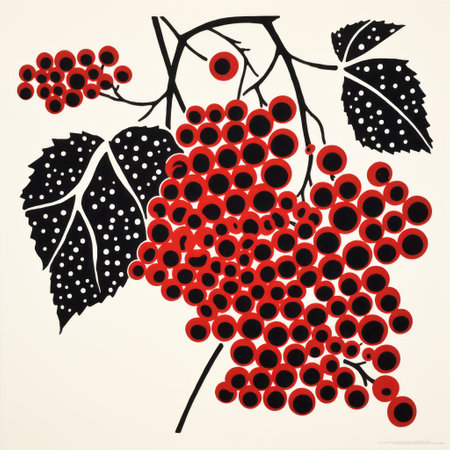 a vibrant woodcut print featuring a bold red and black design with white leaves and red berries. this post-war american art style piece showcases cranberrycore inspiration, with dotted details and a grocery art aesthetic. made of vines, this artwork exudes a unique and eye-catching appeal. ai generatedの素材