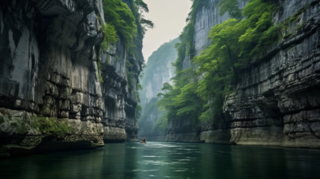 cliffs and a river grace the bottom of valley valley tqy, resembling the picturesque landscapes found in chinese tradition. this stunning terragen image, reminiscent of national geographic's environmental portraiture, beautifully captures the serene essence of nature. the calm waters of the river add a touch of tranquility, reminiscent of the artistry found in japanese photography. ai generatedの素材