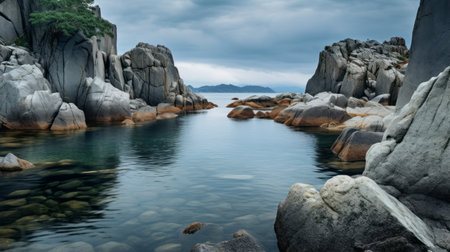 rock formation surrounding a serene lake on the coast of a tropical island. this captivating photo captures the essence of japanese photography with its moody and tranquil scenes. reminiscent of national geographic's stunning imagery, the composition showcases the beauty of nature, while also reflecting the intricate details found in maranao art. ai generatedの素材