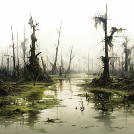 a hauntingly beautiful swamp painting capturing decay and isolation, reminiscent of the style of raphael lacoste. this national geographic photo showcases trees and water, with decaying trees underneath, creating a mesmerizing and eerie atmosphere. the illustration evokes the haunting illustrations of stephen gammell, while also resembling the graphics of xbox 360 games, depicting isolated landscapes. ai generatedの素材