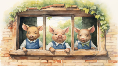 three children, captivated by something outside, sit by a window. this realistic watercolor painting, in the style of storybook illustrations, showcases anthropomorphic animals. the uhd image captures the lively tavern scene, making it a perfect commission for animal portrait enthusiasts. ai generatedの素材
