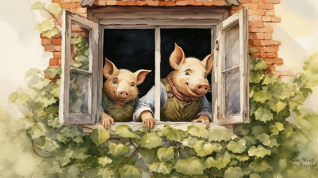 a red and white pig peeks out of an old brick building, showcasing a watercolor-style illustration. this imaginative character adds charm to the narrative diptychs and lively tableaus. the windows vista frames the scene, while the vines that make up the building create a hyper-realistic backdrop for the animal illustrations. ai generatedの素材
