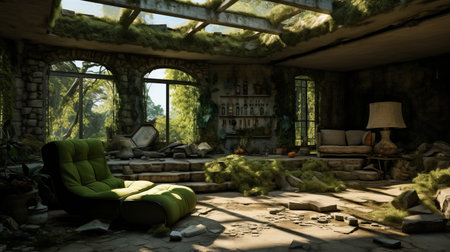 abandoned living room with pool hint, depicting grass takeover. large size implied, with sky light and massive windows resembling a green house. side view reveals cracked stone. ai generatedの素材