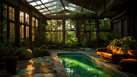 abandoned screened-in porch with pool, sunset, large skylight, massive windows, and green house-like feel. side view reveals cracked cobblestone. ai generatedの素材