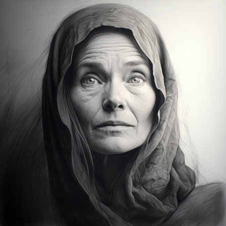 a mesmerizing portrait of a karen, inspired by leonardo da vinci's charcoal drawings. the meticulous strokes capture the depth and wrinkles of her weathered face, showcasing the mastery of chiaroscuro. the intensity of her gaze and subtle shading bring life to the drawing, evoking a sense of timelessness and wisdom. against a simple, monochromatic background, the intricate details of the subject take center stage. aiの素材
