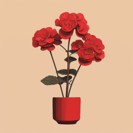 red flower in pot with yellow background, reminiscent of jon mcnaught's vintage graphic design style. this realistic still-life showcases monochromatic compositions, capturing the essence of valentine penrose's lively tableaus. the illustration exudes a timeless charm, combining vibrant colors and intricate details to create a visually captivating image. ai generatedの素材