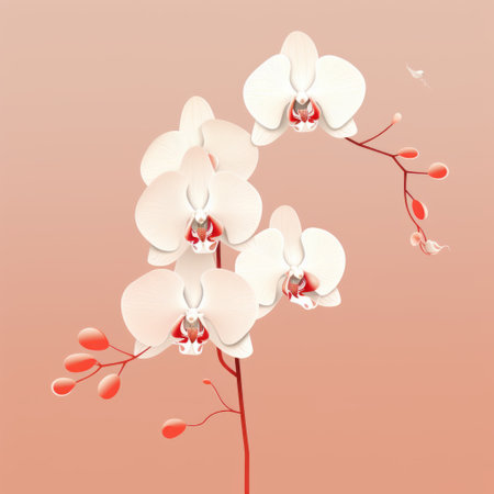 a white orchid plant is showcased on a vibrant pink background, creating a visually striking contrast. the composition of the image is reminiscent of graphic art, with elements of light brown and red incorporated. the avian illustrations are incredibly lifelike, adding a touch of realism to the delicate flowers. the soft and rounded forms of the orchid and the background create a graceful balance, enhancedの素材