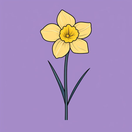a single yellow daffodil blossom stands out against a vibrant purple background in this charming illustration. the style is reminiscent of simple, colorful illustrations, with a touch of light brown and light aquamarine. the artwork exudes a strong sense of realism, resembling a scientific illustration or a woodcut. ai generatedの素材