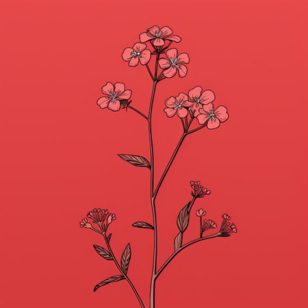 a minimalist illustration by ferdinand hodler featuring a detailed botanical design of flowers in line on a red background. the illustration exudes an ominous vibe with its realistic details, reminiscent of intricate botanical illustrations. the whimsical cartoon-like elements add a touch of playfulness to the overall composition. ai generatedの素材