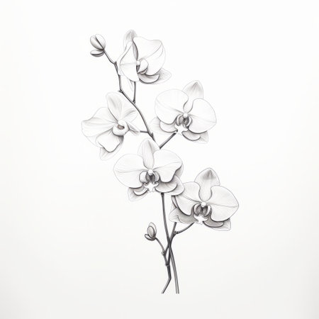 a pencil and ink sketch of orchid flowers, showcasing a minimalistic design with a blend of transparency and opacity. this monochromatic sculptor-inspired artwork features simplified shapes, reminiscent of the styles of flora borsi and serge marshennikov. ai generatedの素材