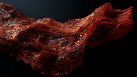 an intriguing red object, resembling layered mesh, stands out against a sleek black background. this unique artwork showcases flowing brushwork and utilizes physically based rendering techniques. inspired by site-specific works and intertwined networks, this piece captures the essence of jean nouvel's artistic style. rendered with precision in cinema4d, it is a visually captivating creation. ai generatedの素材