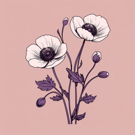 a bud of two white and purple flowers stands out against a pink background, reminiscent of macabre illustrations. the hand-coloring technique adds a touch of light beige and black, creating a scientific and bold graphic illustration. the lively and earth tone color palette enhances the overall aesthetic. ai generatedの素材