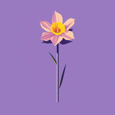 a yellow daffodil, in the style of flat illustrations, stands boldly against a vibrant purple background. the dark cyan and pink hues create a romantic atmosphere, while the sharp angles and minimal retouching add a modern touch. the light pink and light brown accents enhance the overall illustration. ai generatedの素材