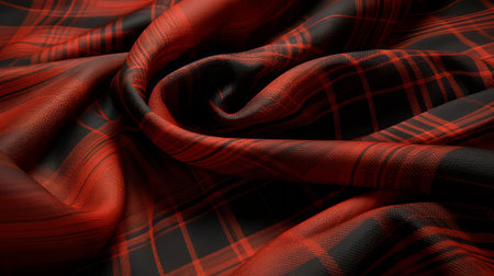 red and black textile featuring a tweed pattern, created in the style of zbrush. the fabric flows gracefully, with a realistic and hyper-detailed rendering. the lighting technique used is reminiscent of caravaggio's chiaroscuro, adding depth and drama. captured with a panasonic lumix s pro 50mm f/1.4 lens, the image has a grid-based composition and a soft-focus effect. ai generatedの素材