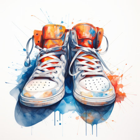 a watercolor illustration of a pair of orange shoes, showcasing hip hop aesthetics. the artwork features a combination of dark, white, and light blue tones, creating a realistic yet surrealistic effect. the vibrant spectrum of colors adds to the overall vibrancy of the illustration, while the fluid and loose brushstrokes contribute to a scattered composition. ai generatedの素材