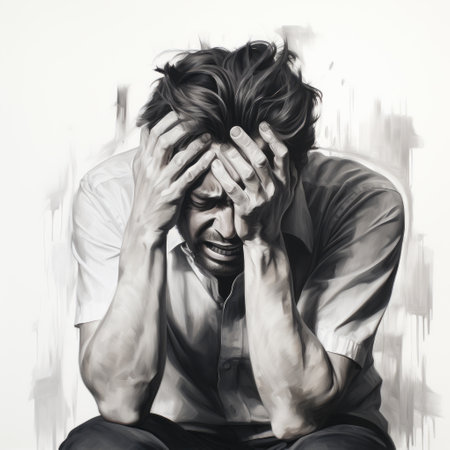a black and white portrait of a man on a white canvas by artist pauline gifford. this emotionally charged scene, reminiscent of meghan howland's work, captures intense emotional expression. the simplistic vector art style, similar to arthur sarnoff's, is digitally enhanced to enhance the emotional sensitivity of the piece. ai generatedの素材